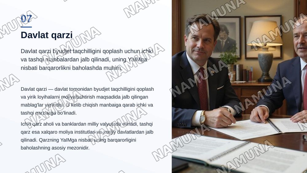 Pul bozori,davlat byudjeti, soliqlar va davlat qarzi
Shu mavzuda har bitiga 2-3 betli slayd va ustiga Toshkent kimyo texnologiya instituti 25-77 guruh talabasi Xabibullayev Baxtiyor deb yozib ham ber ustiga — zamonaviy taqdimot, 8-slayd