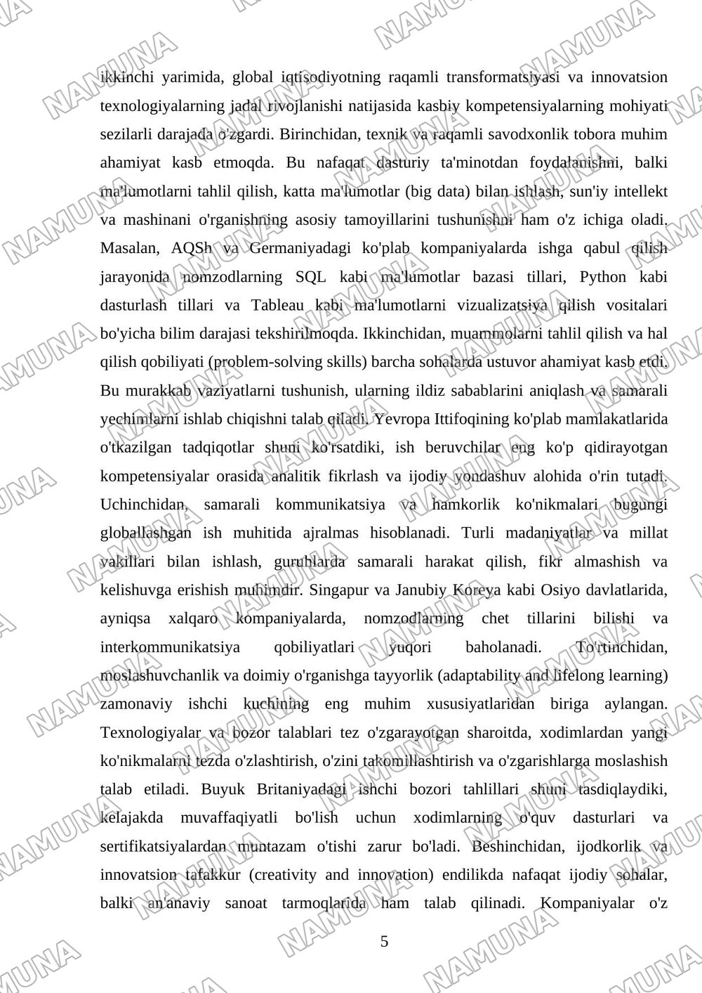 Rivojlangan mamlakatlar tajribasida kasbiy kompetensiyalarga qo'yiladigan talablar — referat, 5-varaq