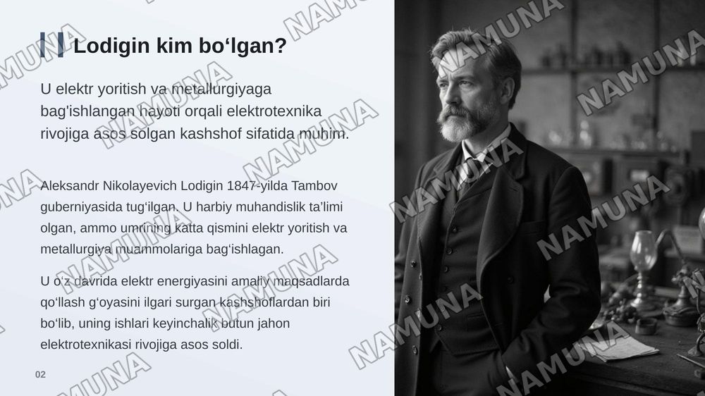 A. Lodigin olimning avtobiografiyasi va yaratgan qonunlari va qurilmalari — zamonaviy taqdimot, 3-slayd