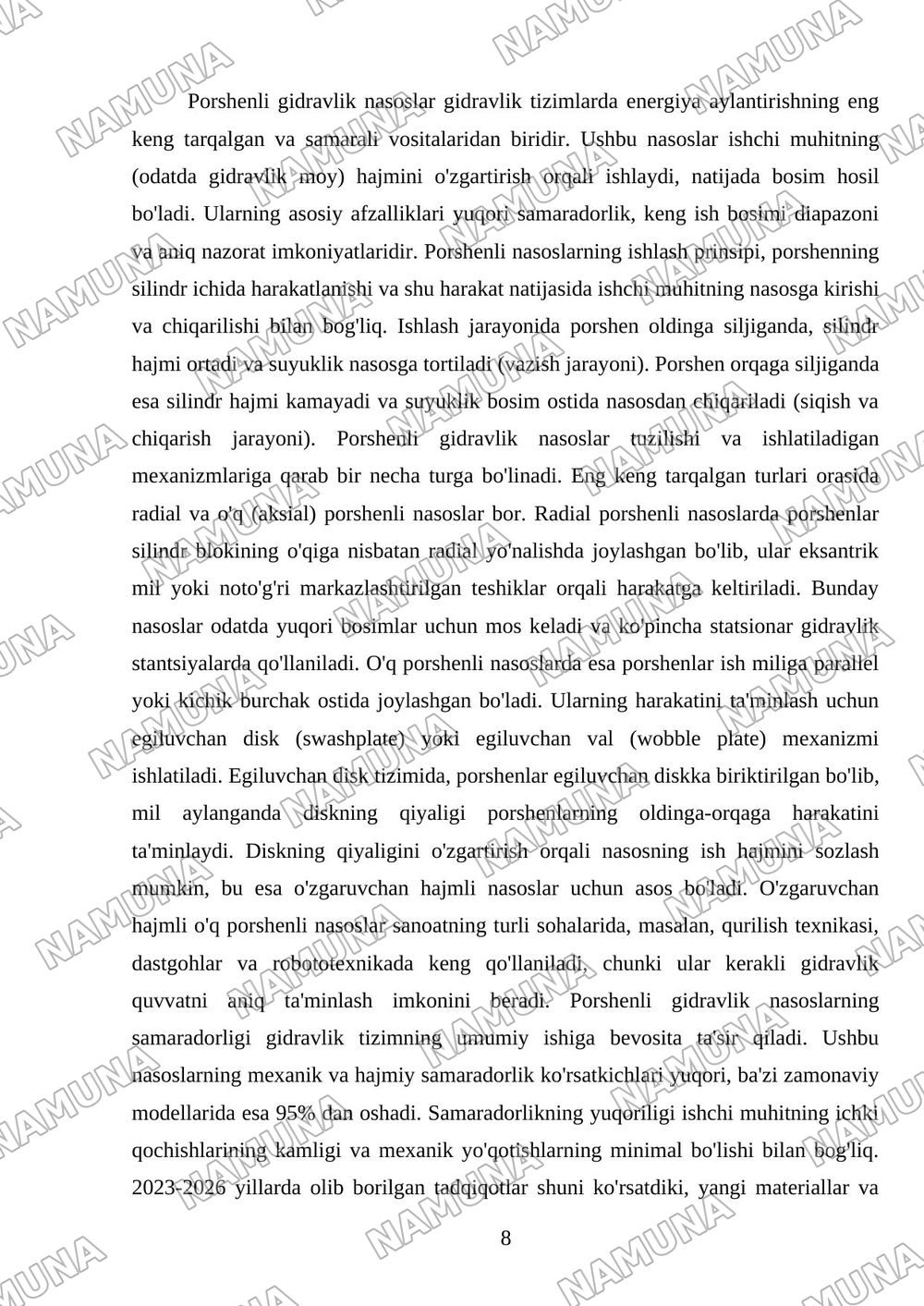 Zamonaviy tishli, plastinkali va porshenli gidravliknasoslar — mustaqil ish, 8-varaq