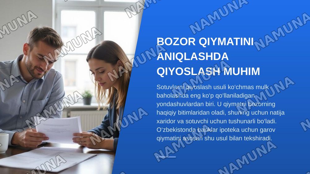 Ko‘chmas mulk obyektini baholashda sotuvlarni qiyoslash usullari — zamonaviy taqdimot, 3-slayd