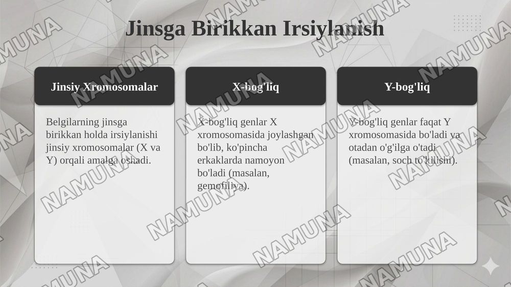 T.G.MORGANNING IRSIYATNING XROMOSOMA NAZARIYASI. GENLARNING BIRIKISH HODISASI, KROSSINGOVER. BELGILARNING JINSGA BIRIKKAN HOLDA IRSIYLANISHI. — taqdimot, 8-slayd