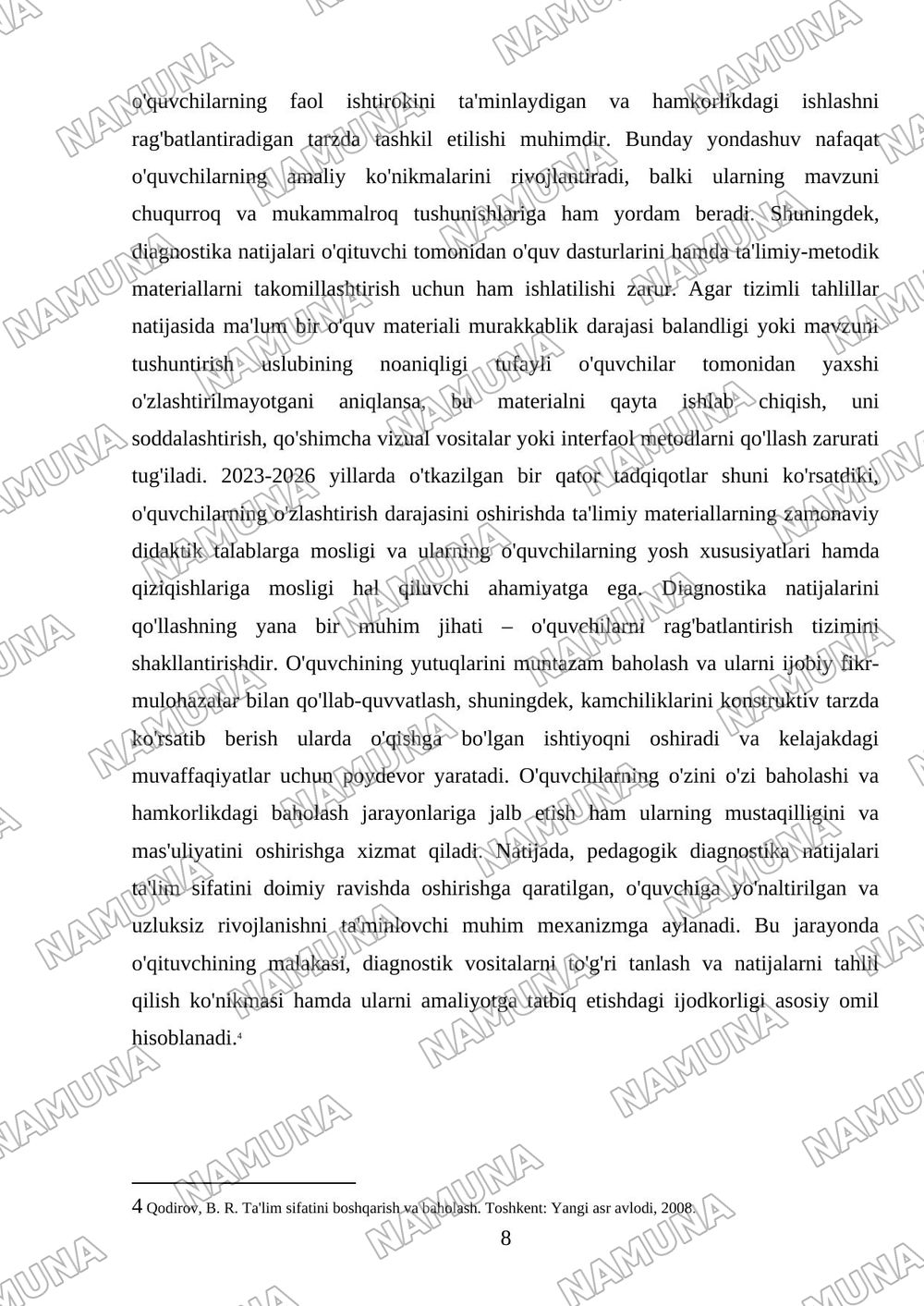 Pedagogik diagnostikaning maqsadi va vazifalari — mustaqil ish, 8-varaq