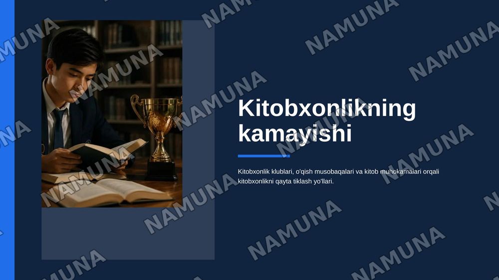 Kitobxonlikning kamayishi
Yechim: kitobxonlik klublari, o‘qish musobaqalari va kitob muhokamalarini tashkil etish. — zamonaviy taqdimot, 1-slayd