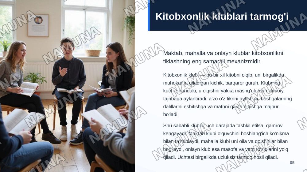 Kitobxonlikning kamayishi
Yechim: kitobxonlik klublari, o‘qish musobaqalari va kitob muhokamalarini tashkil etish. — zamonaviy taqdimot, 6-slayd