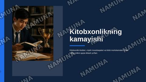 Kitobxonlikning kamayishi
Yechim: kitobxonlik klublari, o‘qish musobaqalari va kitob muhokamalarini tashkil etish. — zamonaviy taqdimot