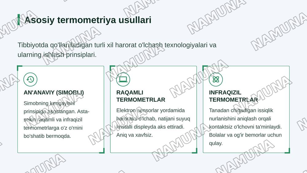 Tibbiyotda termometriya usullari .
Termojuftni darajalash va termometr sifatida qóllashni òrganish — zamonaviy taqdimot, 4-slayd