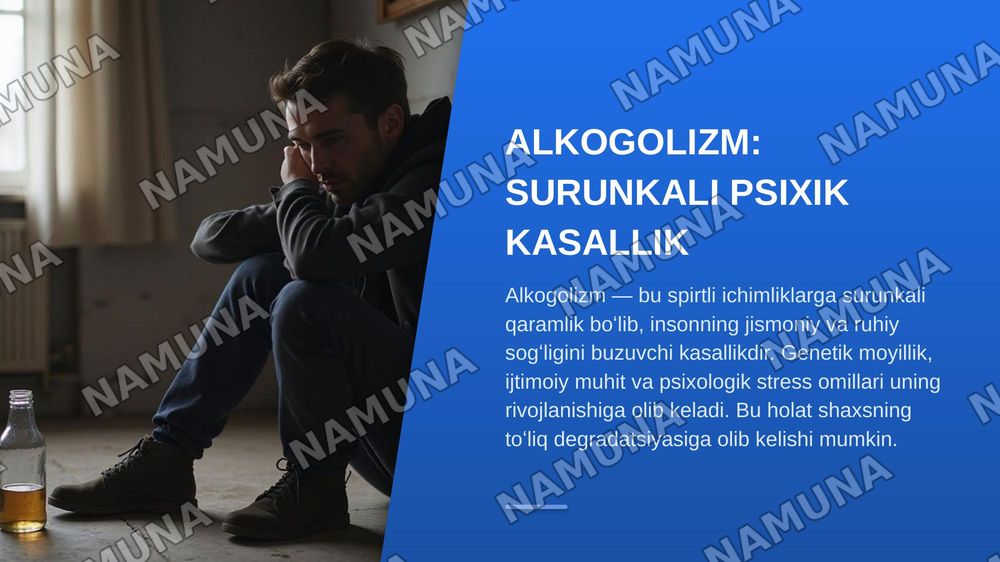 Narkomiya va taksimoniyaning kelib chiqishi, tarqalishi va ularga qarshi kurasishni tashkil qilish.
Reja:
1. Alkogolizm haqida tushuncha, etiologiyasi, klinikasi, davosi, oldini olish choralari
2. Narkomoniyada hamshiralik ishi
3. Taksimoniyaning kelib chiqishi — zamonaviy taqdimot, 4-slayd