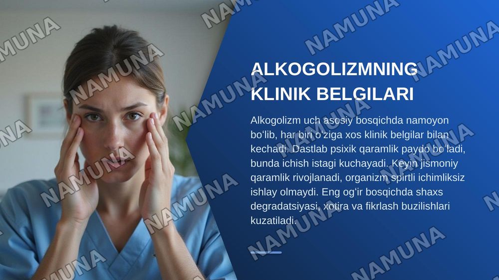 Narkomiya va taksimoniyaning kelib chiqishi, tarqalishi va ularga qarshi kurasishni tashkil qilish.
Reja:
1. Alkogolizm haqida tushuncha, etiologiyasi, klinikasi, davosi, oldini olish choralari
2. Narkomoniyada hamshiralik ishi
3. Taksimoniyaning kelib chiqishi — zamonaviy taqdimot, 5-slayd