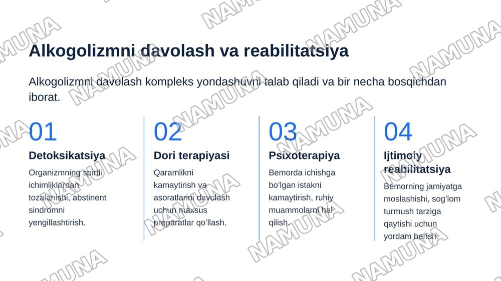 Narkomiya va taksimoniyaning kelib chiqishi, tarqalishi va ularga qarshi kurasishni tashkil qilish.
Reja:
1. Alkogolizm haqida tushuncha, etiologiyasi, klinikasi, davosi, oldini olish choralari
2. Narkomoniyada hamshiralik ishi
3. Taksimoniyaning kelib chiqishi — zamonaviy taqdimot, 6-slayd