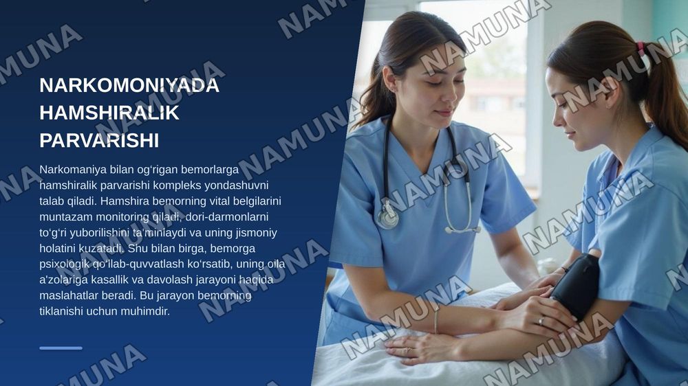 Narkomiya va taksimoniyaning kelib chiqishi, tarqalishi va ularga qarshi kurasishni tashkil qilish.
Reja:
1. Alkogolizm haqida tushuncha, etiologiyasi, klinikasi, davosi, oldini olish choralari
2. Narkomoniyada hamshiralik ishi
3. Taksimoniyaning kelib chiqishi — zamonaviy taqdimot, 8-slayd