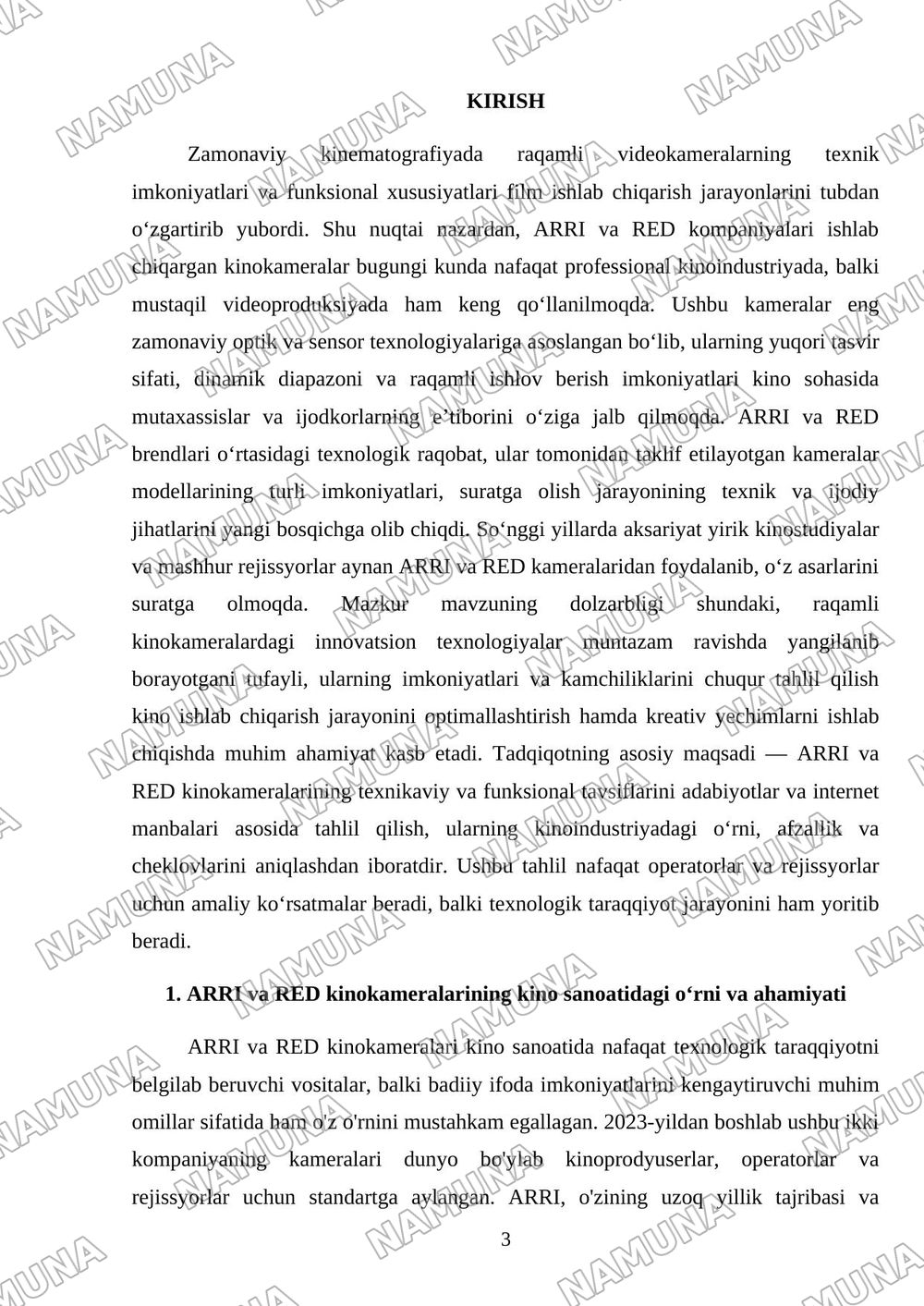 ARRI va RED kinokameralari tavsilotlari (adabiyot: Ragamli videokameralar va internet) — mustaqil ish, 3-varaq