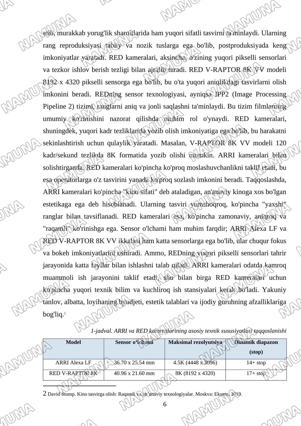ARRI va RED kinokameralari tavsilotlari (adabiyot: Ragamli videokameralar va internet) — mustaqil ish, 6-varaq