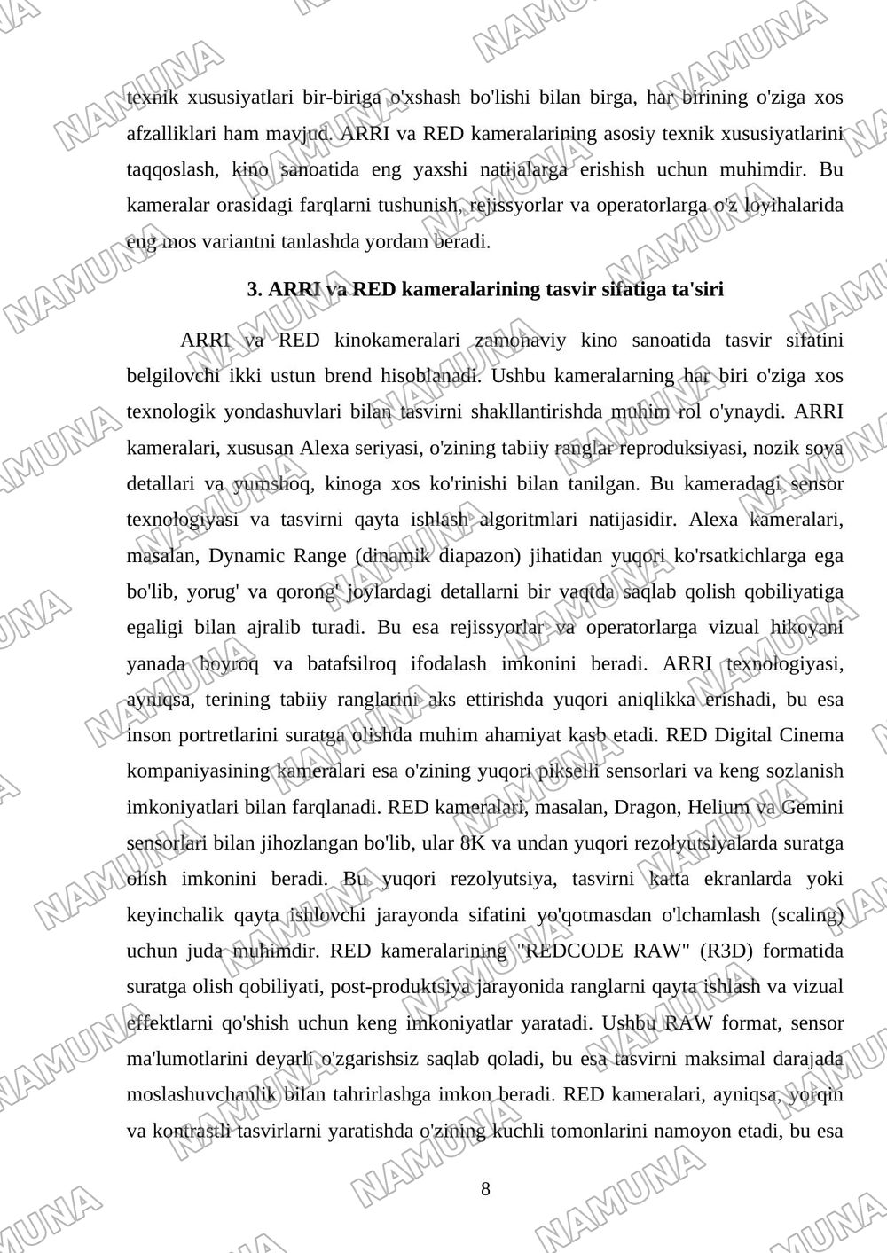 ARRI va RED kinokameralari tavsilotlari (adabiyot: Ragamli videokameralar va internet) — mustaqil ish, 8-varaq