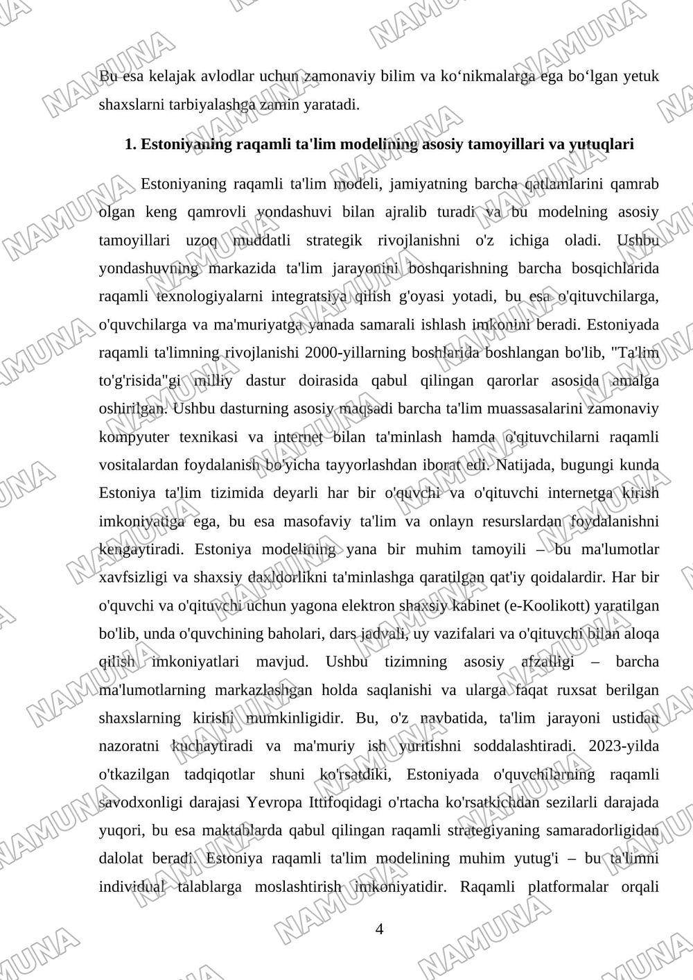 Estoniya va Singapurning ta’limda raqamlashtirish tajribalarini o‘rganib, ularni O‘zbekiston sharoitiga moslashtirilgan raqamli ta’lim strategiyasini ishlab chiqing. — mustaqil ish, 4-varaq