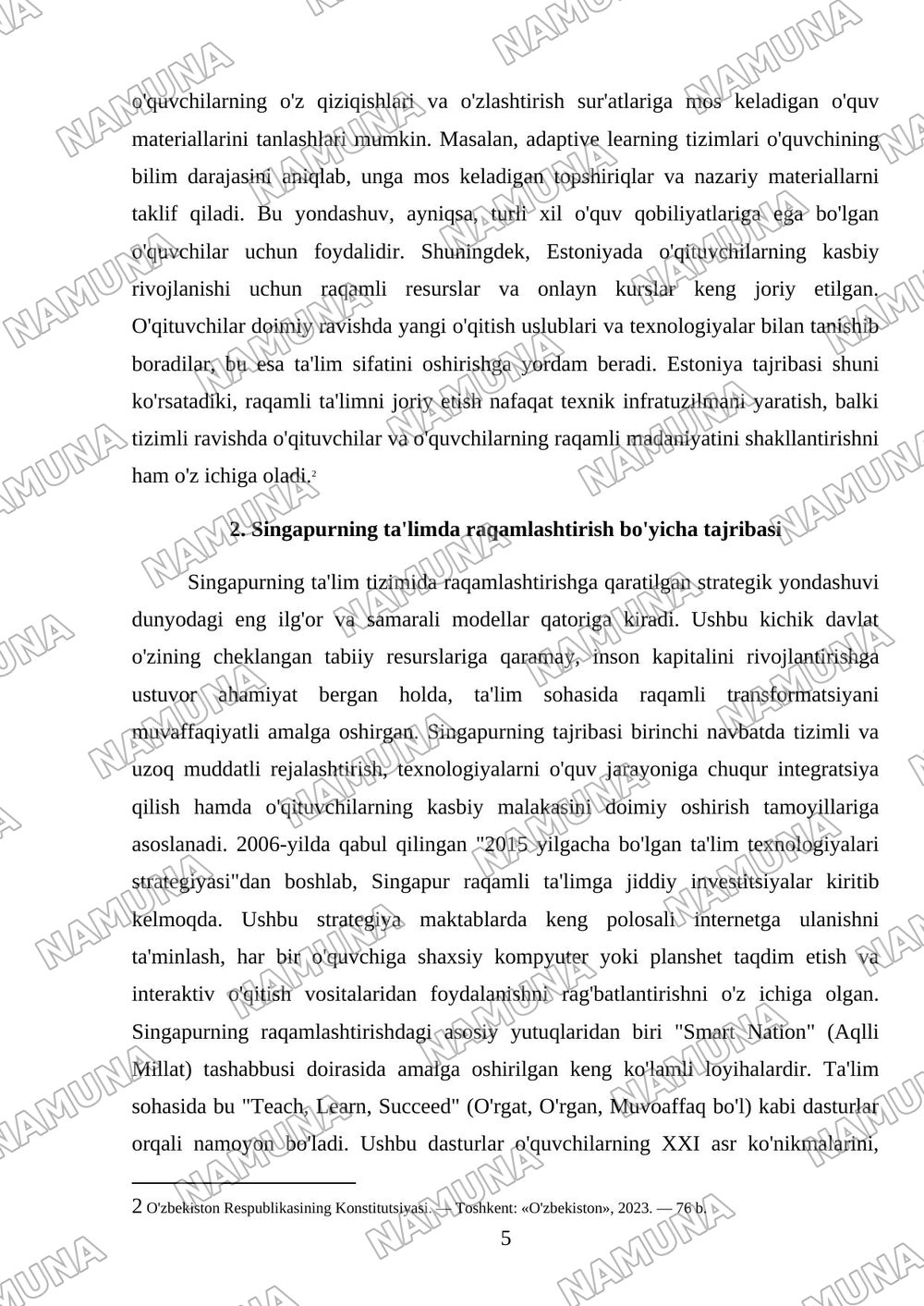 Estoniya va Singapurning ta’limda raqamlashtirish tajribalarini o‘rganib, ularni O‘zbekiston sharoitiga moslashtirilgan raqamli ta’lim strategiyasini ishlab chiqing. — mustaqil ish, 5-varaq