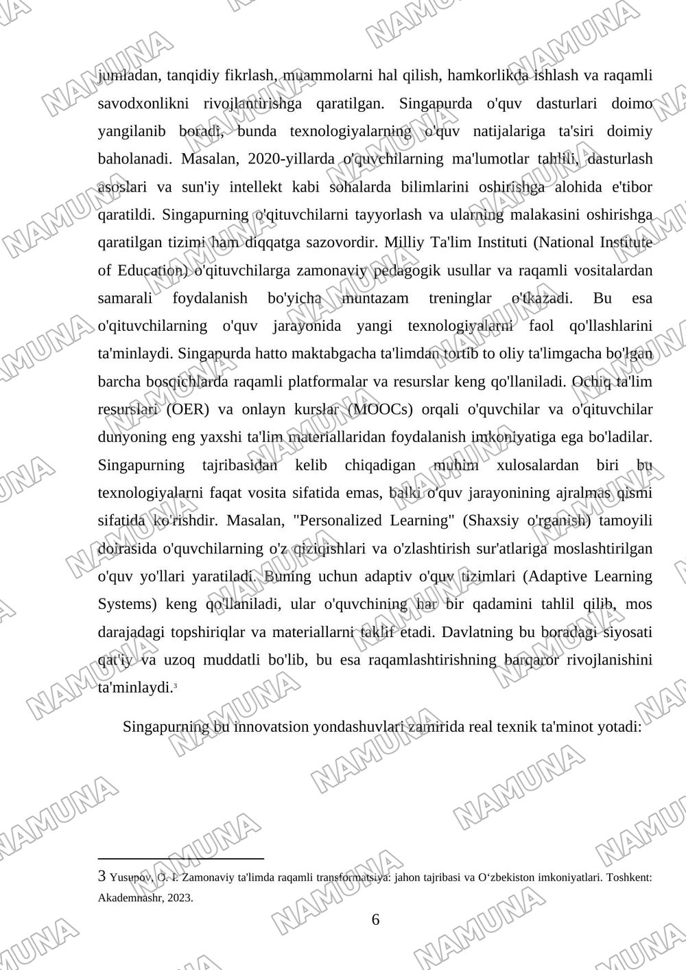 Estoniya va Singapurning ta’limda raqamlashtirish tajribalarini o‘rganib, ularni O‘zbekiston sharoitiga moslashtirilgan raqamli ta’lim strategiyasini ishlab chiqing. — mustaqil ish, 6-varaq