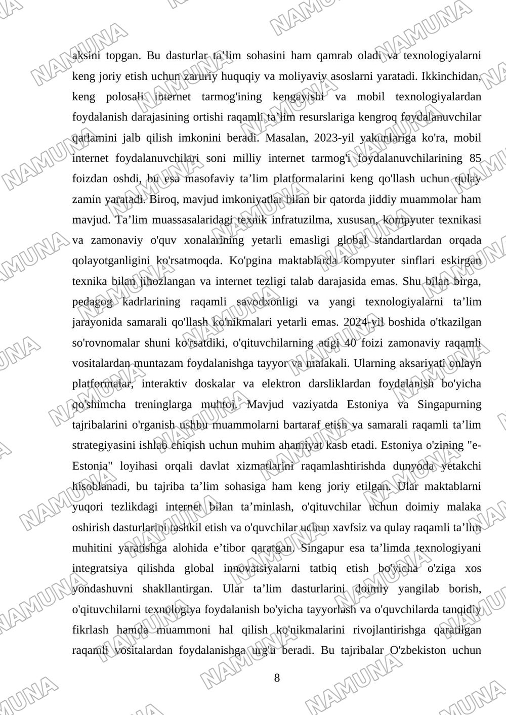 Estoniya va Singapurning ta’limda raqamlashtirish tajribalarini o‘rganib, ularni O‘zbekiston sharoitiga moslashtirilgan raqamli ta’lim strategiyasini ishlab chiqing. — mustaqil ish, 8-varaq