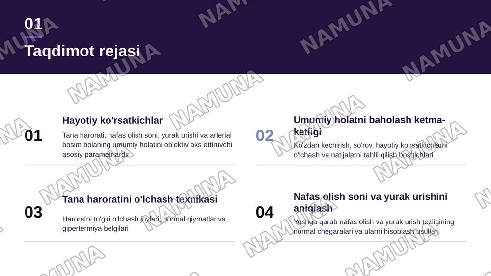 Bemor bolaning umumiy holatini baholaydi va hayotiy muhim koʻrsatkichlarni tana harorati nafas olish soni yura urishi va arterial bosimni aniqlay oladi — zamonaviy taqdimot, 2-slayd