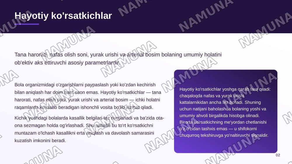 Bemor bolaning umumiy holatini baholaydi va hayotiy muhim koʻrsatkichlarni tana harorati nafas olish soni yura urishi va arterial bosimni aniqlay oladi — zamonaviy taqdimot, 3-slayd