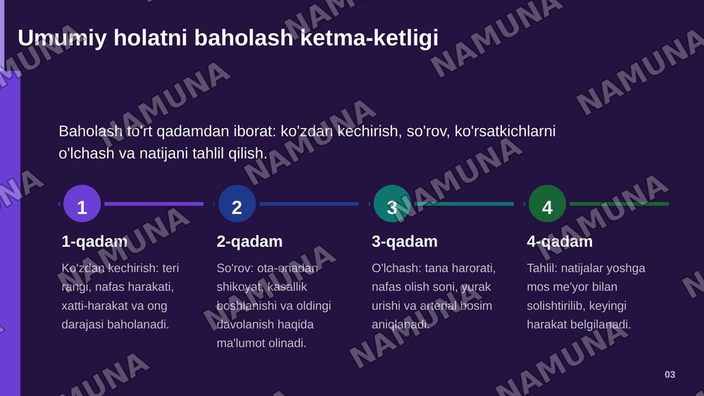 Bemor bolaning umumiy holatini baholaydi va hayotiy muhim koʻrsatkichlarni tana harorati nafas olish soni yura urishi va arterial bosimni aniqlay oladi — zamonaviy taqdimot, 4-slayd