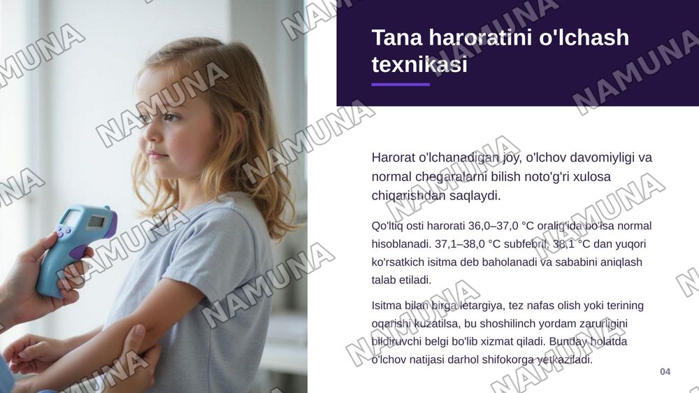 Bemor bolaning umumiy holatini baholaydi va hayotiy muhim koʻrsatkichlarni tana harorati nafas olish soni yura urishi va arterial bosimni aniqlay oladi — zamonaviy taqdimot, 5-slayd