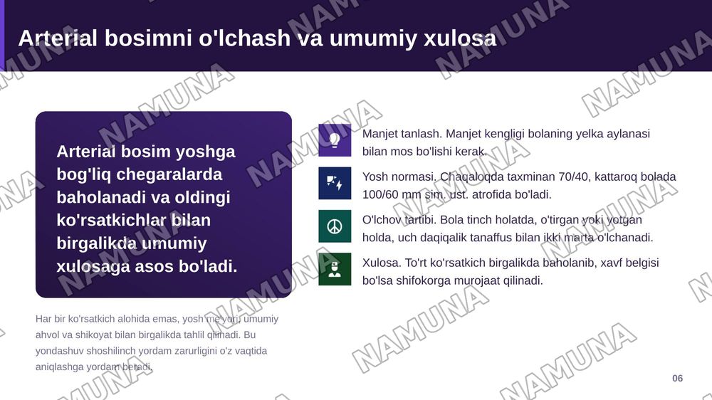 Bemor bolaning umumiy holatini baholaydi va hayotiy muhim koʻrsatkichlarni tana harorati nafas olish soni yura urishi va arterial bosimni aniqlay oladi — zamonaviy taqdimot, 7-slayd