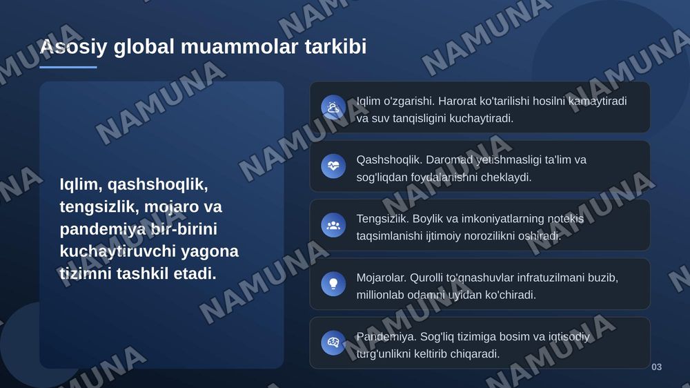 Davrimizning global muomalalari va ularga yechim topish — zamonaviy taqdimot, 4-slayd