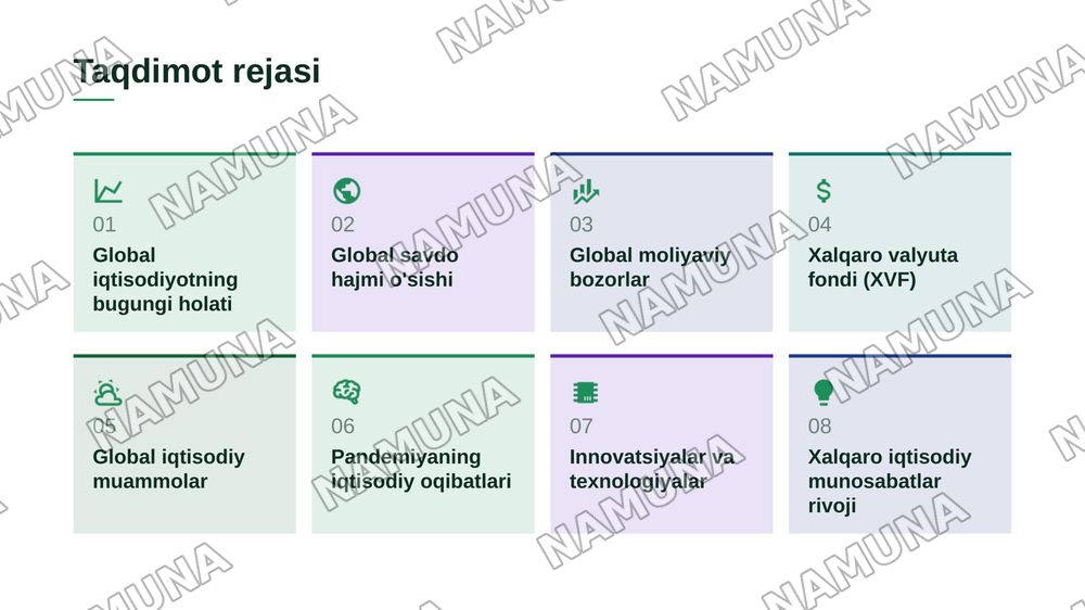 Jahon iqtisodiyoti va halqaro iqtisodiy munosabatlar shu mavzuda 20 ta listdan iborat taqdimot tayyorlab ber — zamonaviy taqdimot, 2-slayd