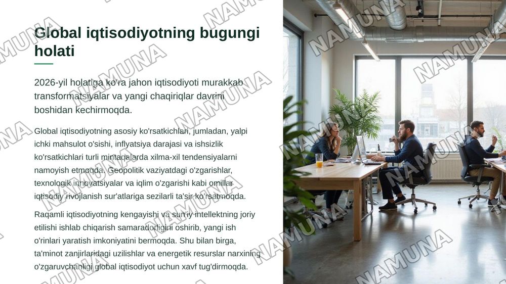 Jahon iqtisodiyoti va halqaro iqtisodiy munosabatlar shu mavzuda 20 ta listdan iborat taqdimot tayyorlab ber — zamonaviy taqdimot, 3-slayd