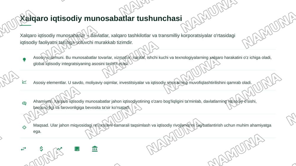 Jahon iqtisodiyoti va halqaro iqtisodiy munosabatlar shu mavzuda 20 ta listdan iborat taqdimot tayyorlab ber — zamonaviy taqdimot, 4-slayd