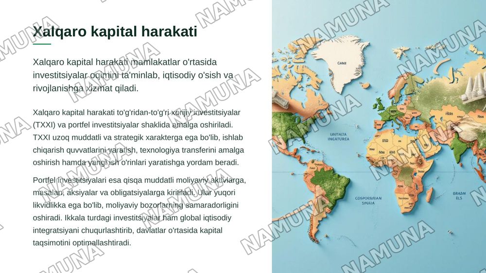 Jahon iqtisodiyoti va halqaro iqtisodiy munosabatlar shu mavzuda 20 ta listdan iborat taqdimot tayyorlab ber — zamonaviy taqdimot, 8-slayd