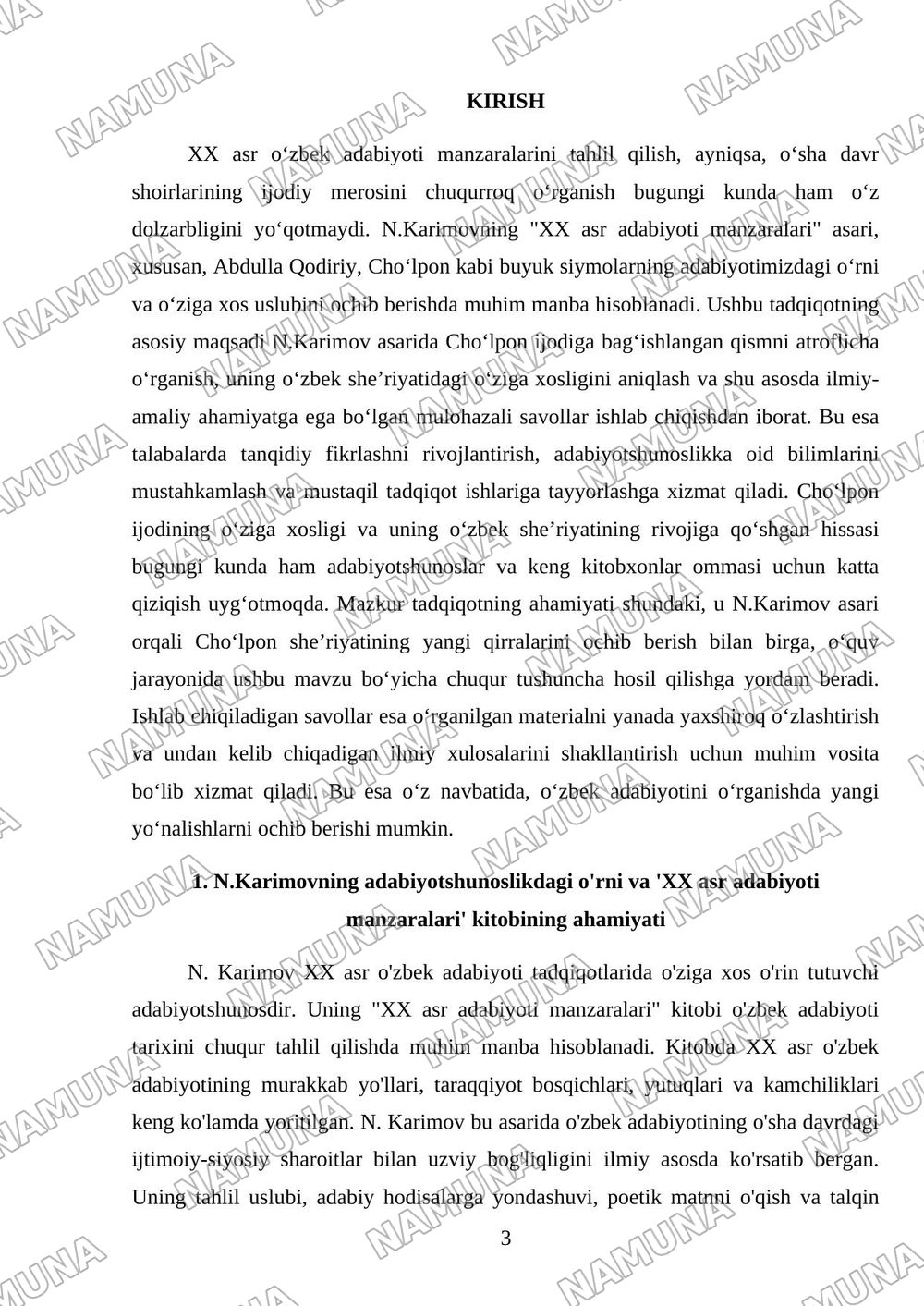 N.Karimovning xx asr adabiyoti manzaralari kitobidan choʻlpon va oʻzbek sheriyati mavzusini oʻzlashtirish hamda shu mavzu asosida 30ta mulohazali savol tayyorlash — mustaqil ish, 3-varaq