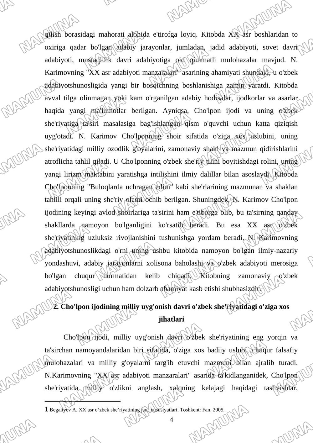 N.Karimovning xx asr adabiyoti manzaralari kitobidan choʻlpon va oʻzbek sheriyati mavzusini oʻzlashtirish hamda shu mavzu asosida 30ta mulohazali savol tayyorlash — mustaqil ish, 4-varaq