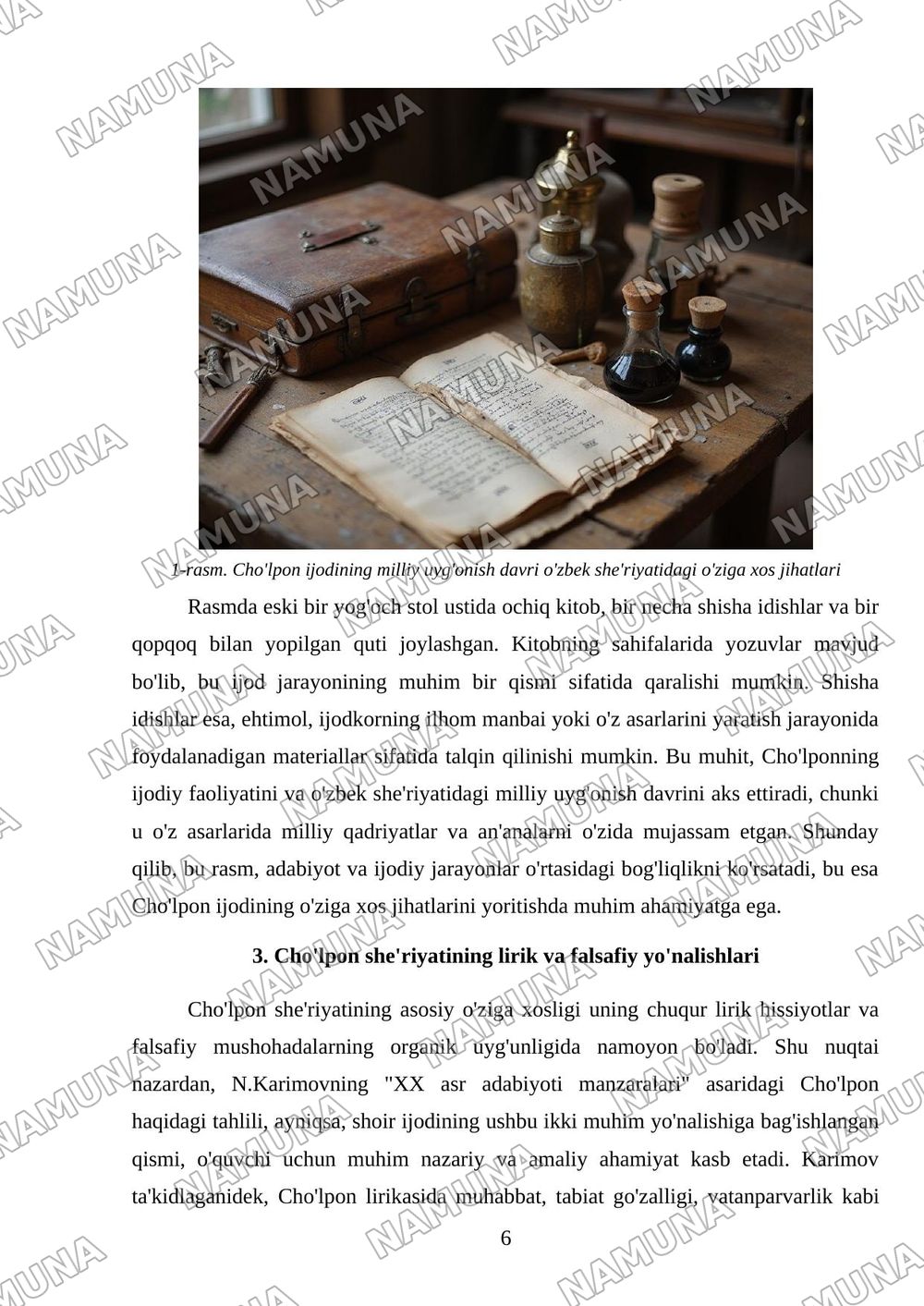 N.Karimovning xx asr adabiyoti manzaralari kitobidan choʻlpon va oʻzbek sheriyati mavzusini oʻzlashtirish hamda shu mavzu asosida 30ta mulohazali savol tayyorlash — mustaqil ish, 6-varaq