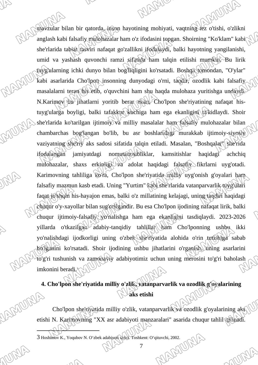 N.Karimovning xx asr adabiyoti manzaralari kitobidan choʻlpon va oʻzbek sheriyati mavzusini oʻzlashtirish hamda shu mavzu asosida 30ta mulohazali savol tayyorlash — mustaqil ish, 7-varaq