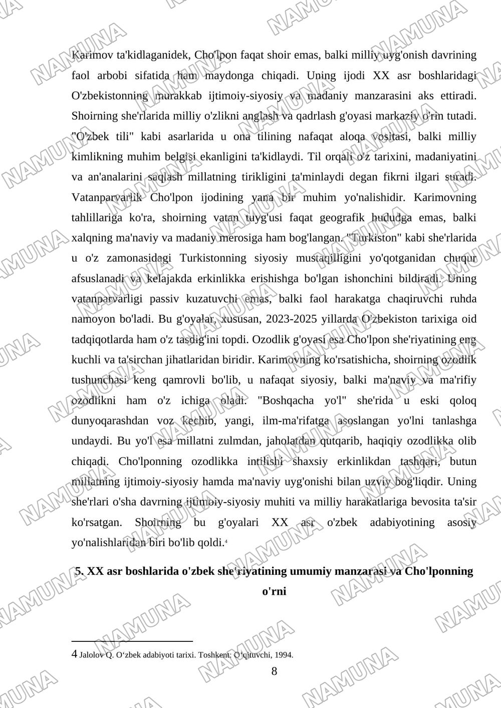 N.Karimovning xx asr adabiyoti manzaralari kitobidan choʻlpon va oʻzbek sheriyati mavzusini oʻzlashtirish hamda shu mavzu asosida 30ta mulohazali savol tayyorlash — mustaqil ish, 8-varaq