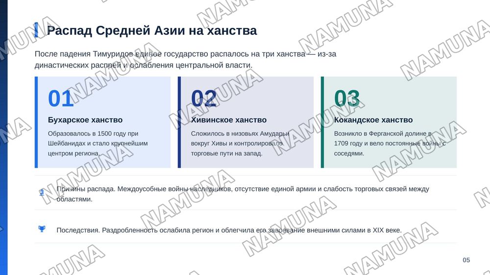 Исторические основы государственности в Узбекистане. Понятие государственности. Узбекская государственность и ее исторические этапы. История эпохи Великих Тимуридов. Распад Средней Азии на ханства, его причины и последствия. Туркестан в период колониализма Российской империи. Национально-освободител — zamonaviy taqdimot, 6-slayd