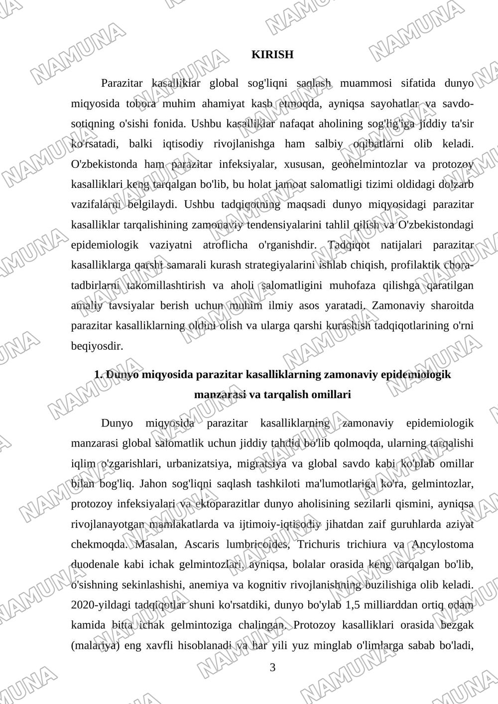 Dunyo miqyosida va O‘zbekistanda parazitar kasalliklar tarqalishi-ning zamonaviy xususiyatlari — referat, 3-varaq