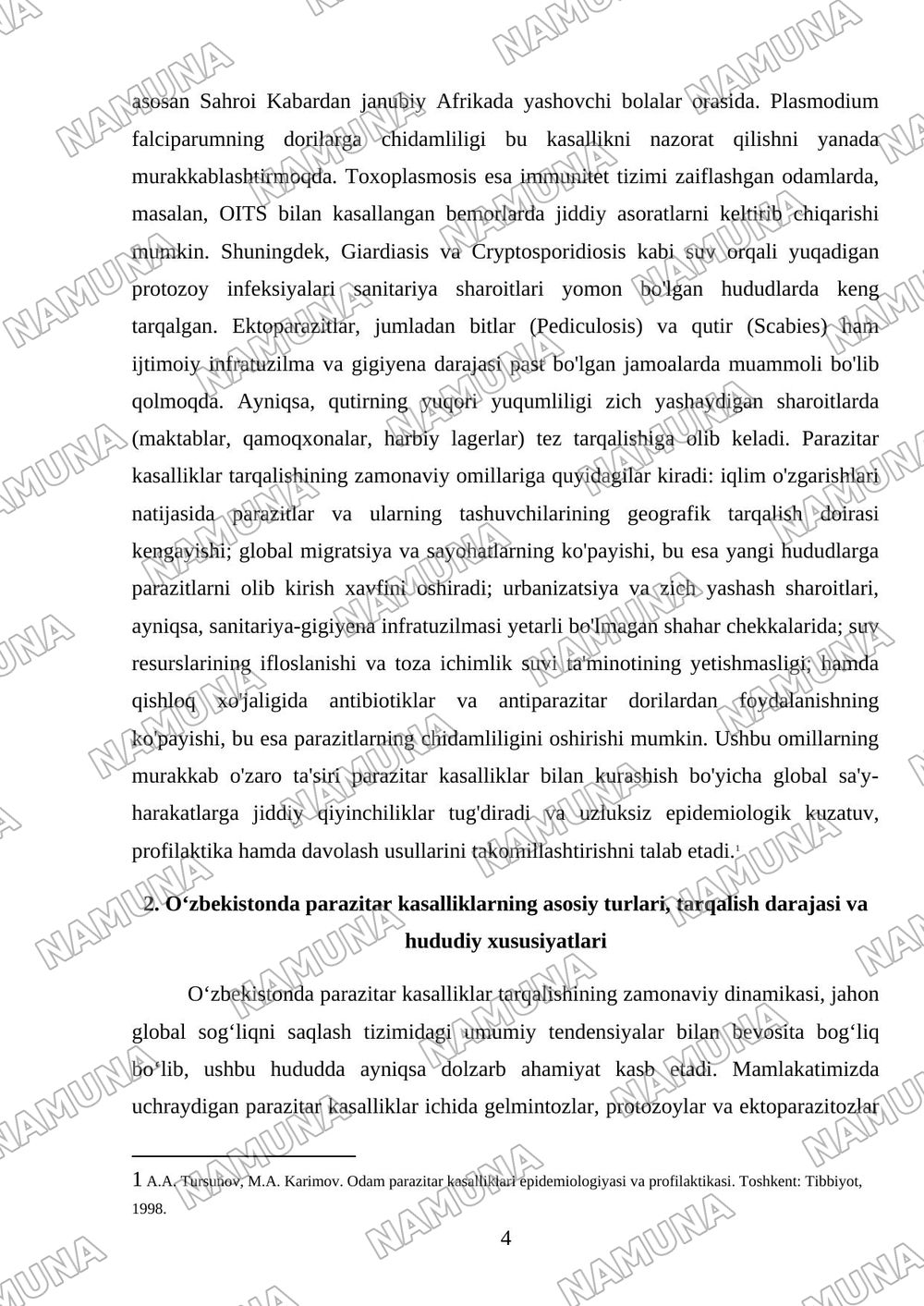 Dunyo miqyosida va O‘zbekistanda parazitar kasalliklar tarqalishi-ning zamonaviy xususiyatlari — referat, 4-varaq