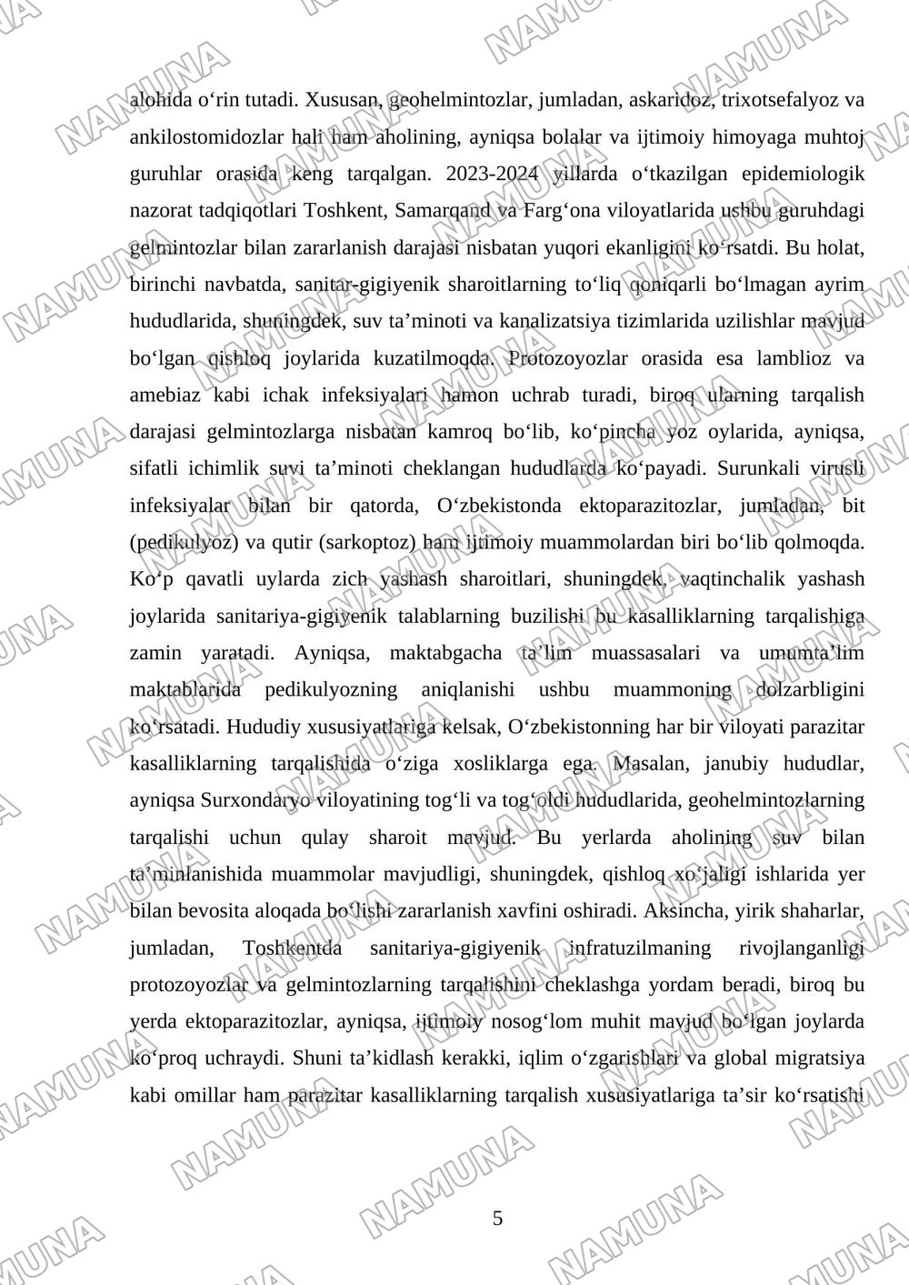 Dunyo miqyosida va O‘zbekistanda parazitar kasalliklar tarqalishi-ning zamonaviy xususiyatlari — referat, 5-varaq
