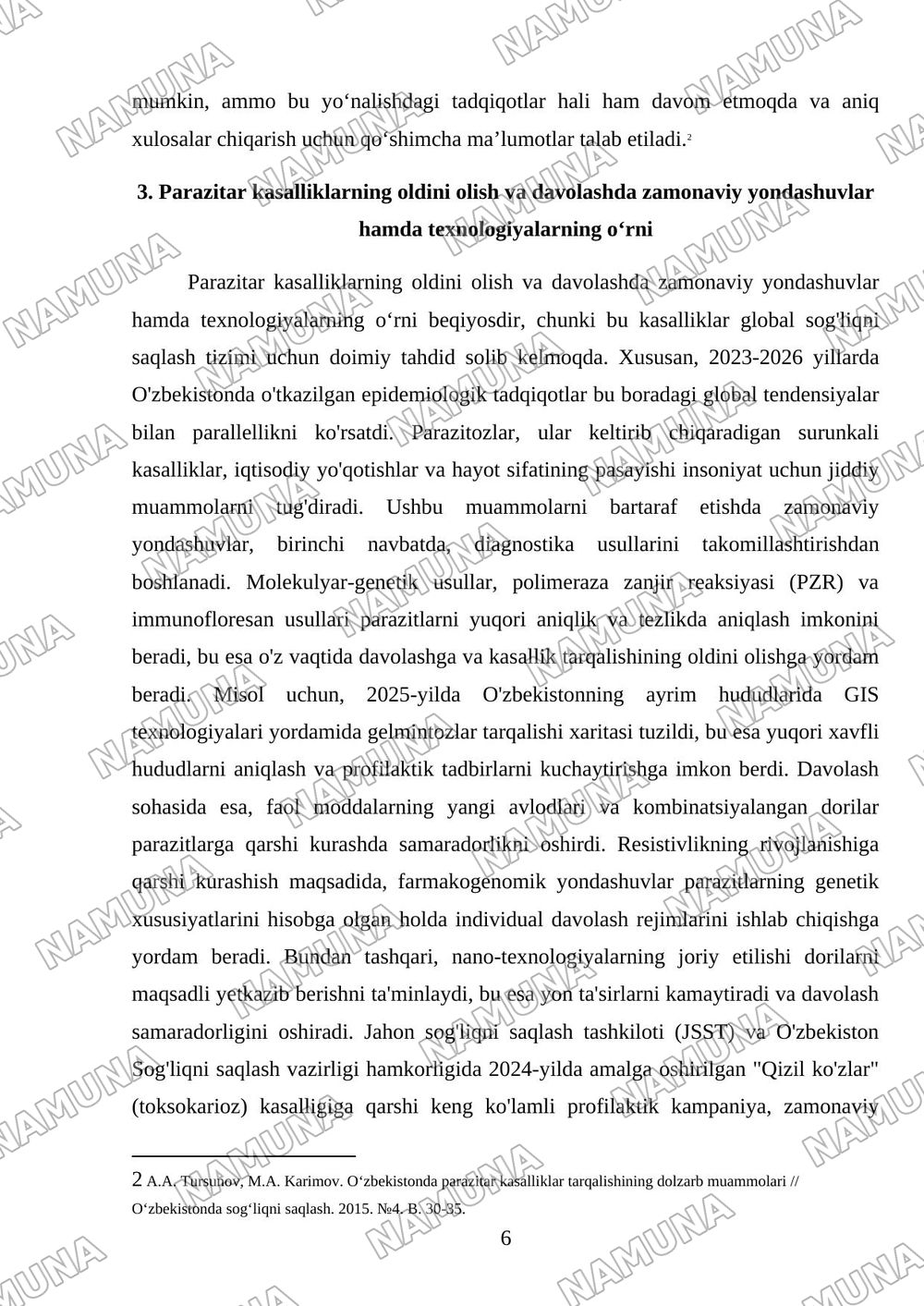 Dunyo miqyosida va O‘zbekistanda parazitar kasalliklar tarqalishi-ning zamonaviy xususiyatlari — referat, 6-varaq