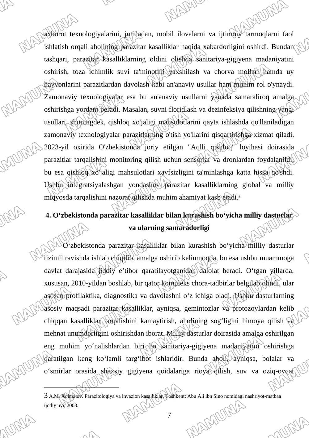 Dunyo miqyosida va O‘zbekistanda parazitar kasalliklar tarqalishi-ning zamonaviy xususiyatlari — referat, 7-varaq