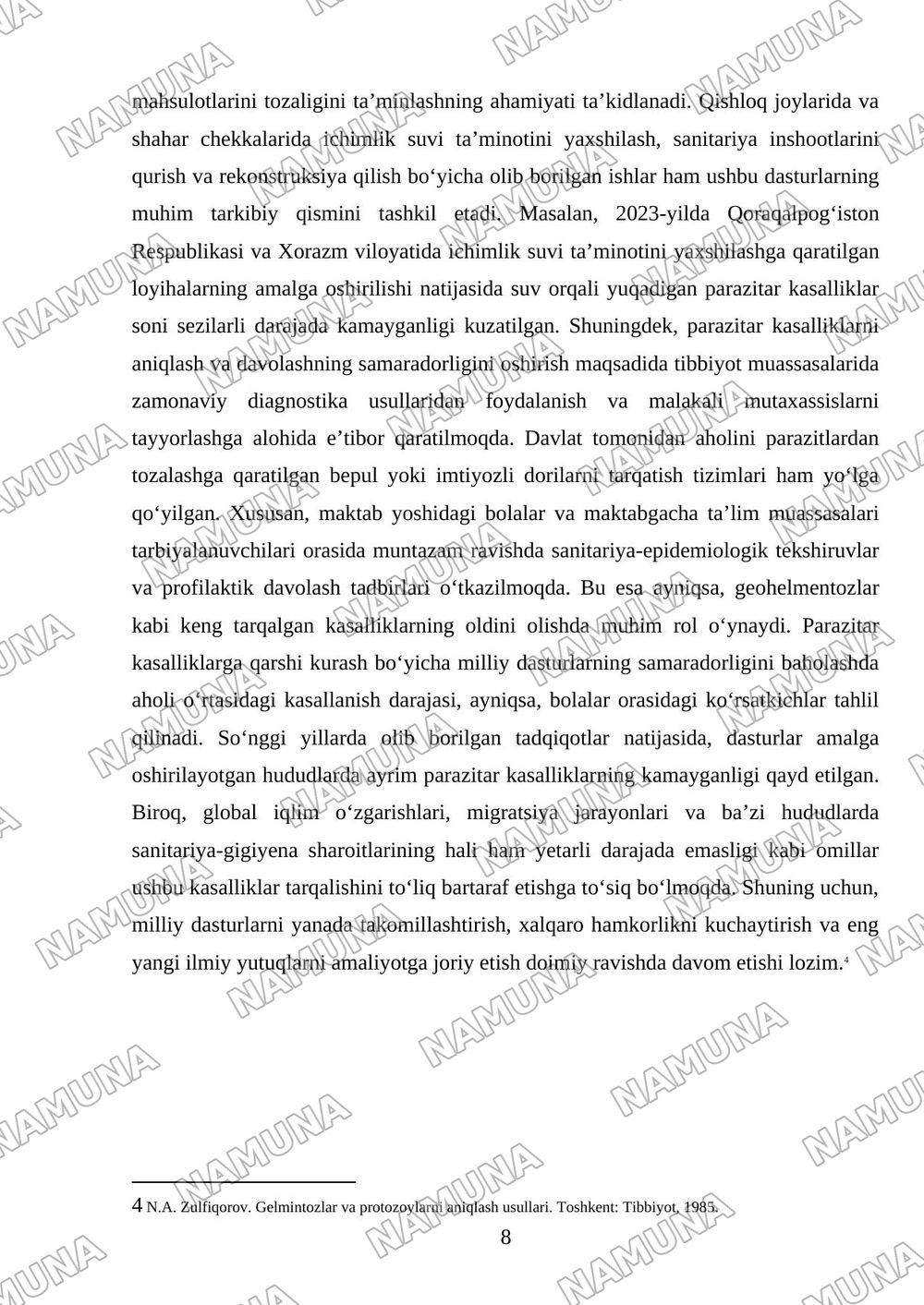 Dunyo miqyosida va O‘zbekistanda parazitar kasalliklar tarqalishi-ning zamonaviy xususiyatlari — referat, 8-varaq