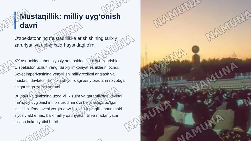 Mustaqil O‘zbekiston Respublikasining tashkil topishi va uning tarixiy ahamiyati. O‘zbekistonning o‘ziga xos istiqlol va taraqqiyot yo‘li. — zamonaviy taqdimot, 3-slayd
