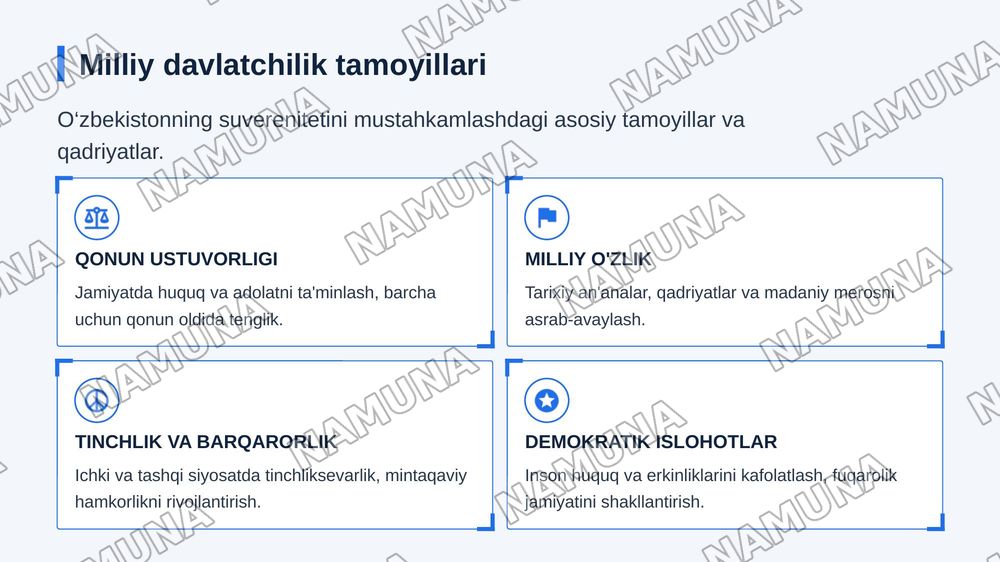 Mustaqil O‘zbekiston Respublikasining tashkil topishi va uning tarixiy ahamiyati. O‘zbekistonning o‘ziga xos istiqlol va taraqqiyot yo‘li. — zamonaviy taqdimot, 6-slayd