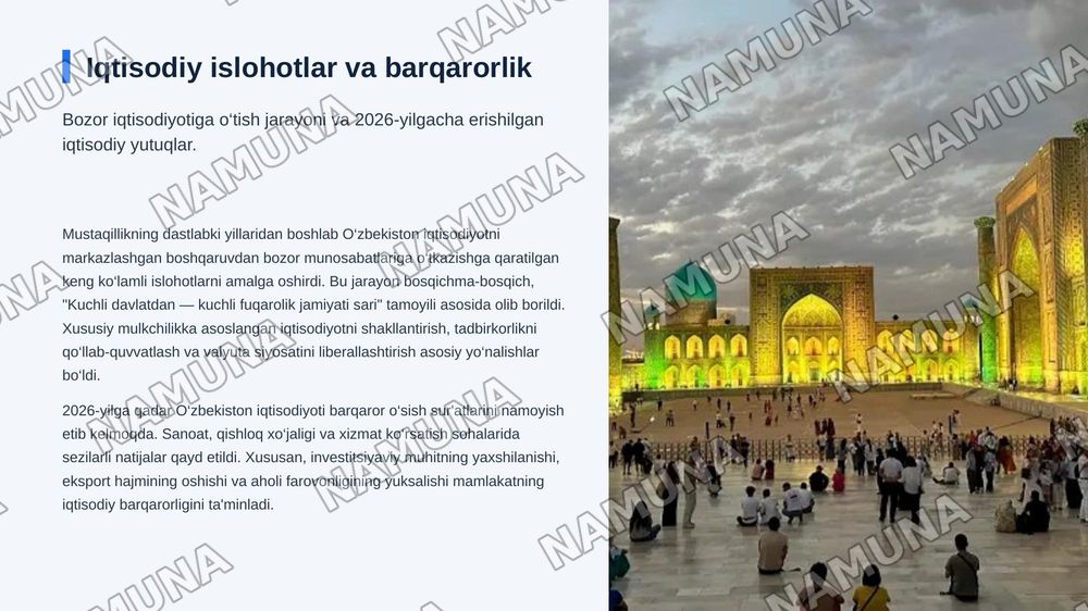 Mustaqil O‘zbekiston Respublikasining tashkil topishi va uning tarixiy ahamiyati. O‘zbekistonning o‘ziga xos istiqlol va taraqqiyot yo‘li. — zamonaviy taqdimot, 7-slayd