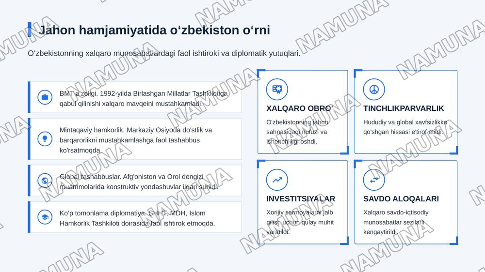 Mustaqil O‘zbekiston Respublikasining tashkil topishi va uning tarixiy ahamiyati. O‘zbekistonning o‘ziga xos istiqlol va taraqqiyot yo‘li. — zamonaviy taqdimot, 8-slayd