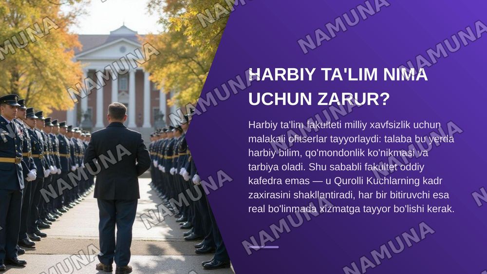 Harbiy ta'lim fakultetida oʻquv tarbiyaviy jarayonni tashkillashtirish, oʻquv  mashgʻulot turlari, talabalar bilimlarini nazorat qilish, Harbiy ta'lim fakulteti  
talabalarining huqug va majburiyatlari mavzu boʻyicha referat tayyorlash. — zamonaviy taqdimot, 3-slayd