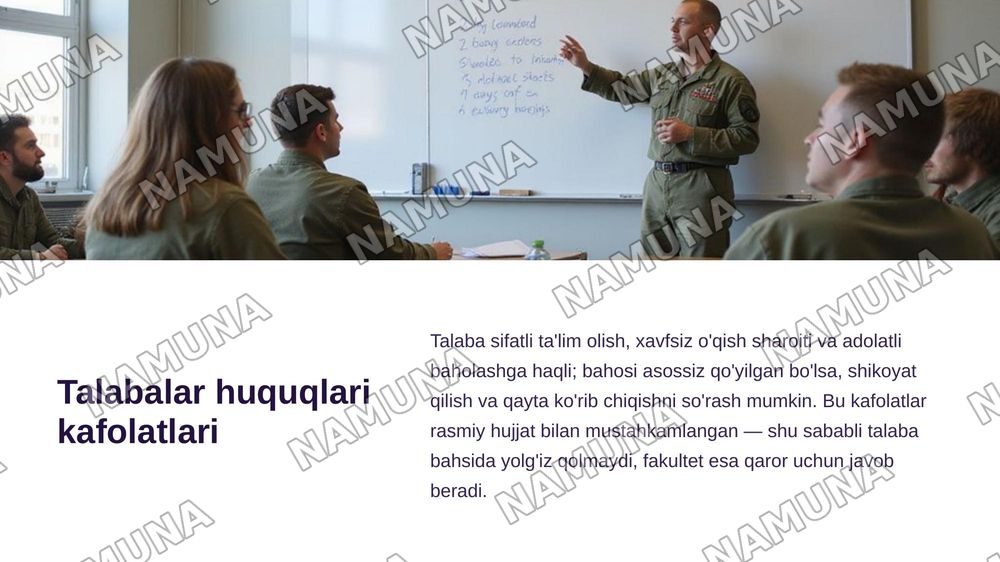 Harbiy ta'lim fakultetida oʻquv tarbiyaviy jarayonni tashkillashtirish, oʻquv  mashgʻulot turlari, talabalar bilimlarini nazorat qilish, Harbiy ta'lim fakulteti  
talabalarining huqug va majburiyatlari mavzu boʻyicha referat tayyorlash. — zamonaviy taqdimot, 8-slayd